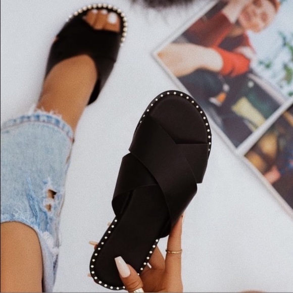Shoes - Black X Band Studded Slide Flat Sandals